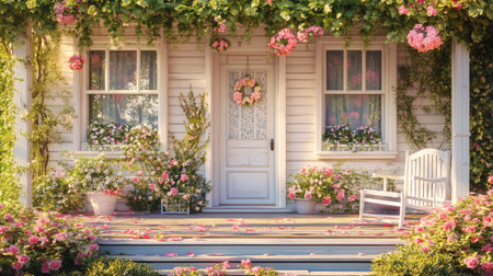 A picturesque Australian cottage adorned with vibrant flowers, showcasing a charming porch and inviting door, perfect for a tranquil outdoor setting.の素材