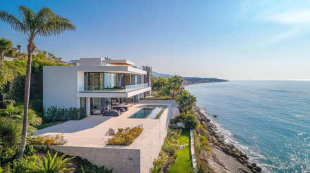 Discover a stunning modern two-storey house perched by the ocean. This architectural gem boasts luxurious outdoor spaces, offering breathtaking views and a serene atmosphere.の素材