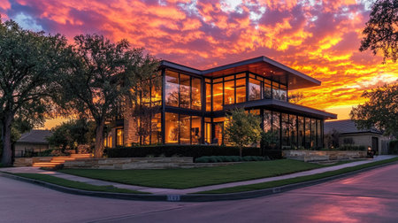 Stunning modern home in Dallas illuminated by a vibrant sunset, showcasing contemporary architecture, lush landscaping, and serene atmosphere. Perfect for design enthusiasts.の素材