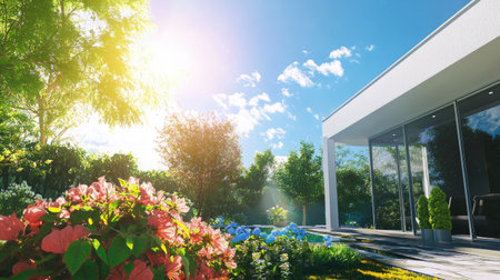 A stunning contemporary luxury garden featuring vibrant flowers and lush greenery under bright sunlight, creating a serene and peaceful outdoor space.の素材