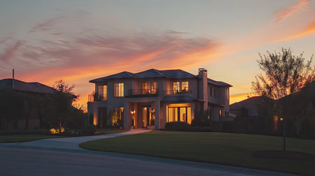 Discover a modern home with breathtaking views at sunset. The elegant design showcases architecture surrounded by serene landscaping, perfect for peaceful living.の素材