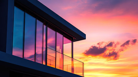 Experience the beauty of a modern Dallas home during a stunning sunset. This image captures vibrant colors and sleek design, creating a serene ambiance.の素材