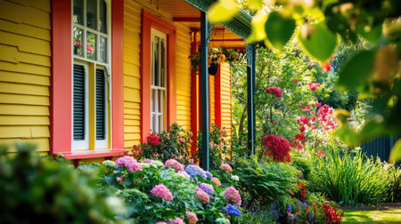 Explore a quintessential Australian home featuring a vibrant garden filled with colorful flowers, creating an inviting and picturesque outdoor setting.の素材