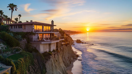 A stunning cliffside house overlooking the ocean at sunset, showcasing beautiful architecture, serene landscape, and vibrant colors reflecting on the water.の素材