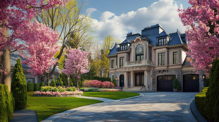 A captivating view of a luxurious house surrounded by vibrant spring flowers and trees, showcasing stunning architecture and serene landscaping.の素材