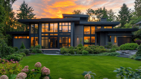 A stunning modern grey house featuring large windows, beautifully lit by a vibrant sunset, surrounded by lush landscaping and a tranquil garden setting.の素材