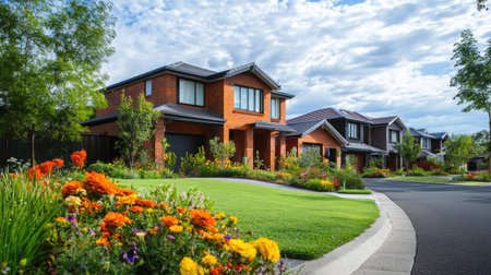 A serene suburban street in Melbourne showcasing beautiful residential homes surrounded by vibrant flowers and lush greenery, perfect for idyllic living.の素材