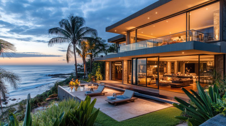 Explore a stunning modern two-storey house by the ocean, featuring expansive glass windows and a beautiful patio. Perfect for relaxation and enjoying serene sunsets.の素材