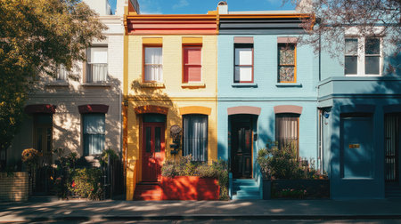 A captivating street scene showcasing vibrant, colorful houses that create a cheerful and inviting atmosphere in an urban setting, perfect for creative projects.の素材