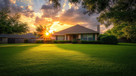 Experience the calm beauty of a traditional home bathed in the warm glow of a serene sunset, highlighting lush green grass and vibrant skies.の素材