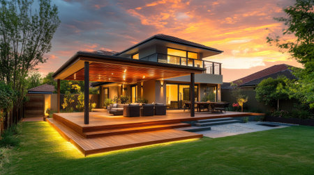 A stunning modern two-storey house featuring a spacious outdoor deck surrounded by lush greenery, perfect for relaxing evenings at sunset.の素材