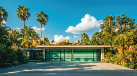 A stunning modern two-story home featuring sleek lines and large windows, surrounded by lush greenery and palm trees, creating a serene and inviting atmosphere.の素材