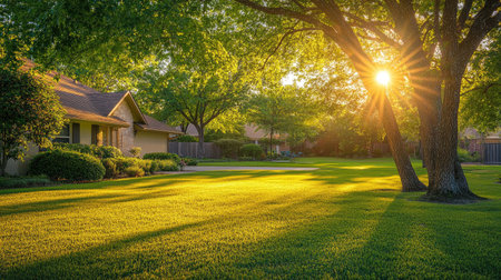 A tranquil modern home surrounded by vibrant green grass and trees, illuminated by the warm glow of the sun, evoking a peaceful outdoor atmosphere.の素材