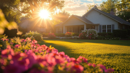 Experience the charm of a cozy residential home bathed in golden sunlight. The vibrant garden blooms with colorful flowers, creating a serene landscape.の素材