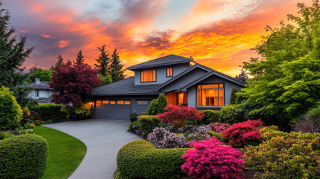 A sleek grey home sits amidst a vibrant garden, illuminated by a stunning sunset. This captivating scene highlights the architectural beauty and lush greenery surrounding the residence.の素材