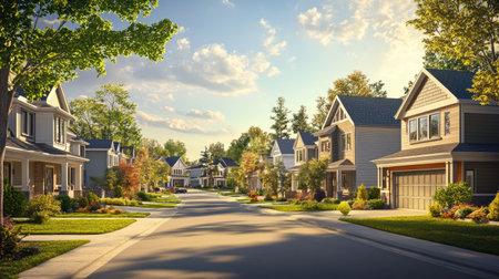 A serene summer afternoon in an upscale neighborhood showcasing beautiful homes, greenery, and a peaceful street, perfect for a tranquil escape.の素材