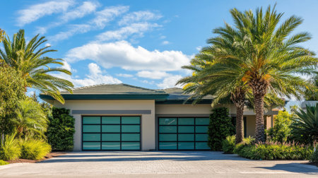 Discover a modern home set amidst lush greenery, showcasing contemporary design with large windows and palm trees, perfect for serene living.の素材