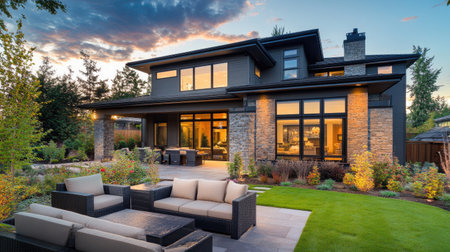 Discover a beautiful modern home featuring an expansive outdoor space, perfect for relaxation and entertaining. The design blends comfort with nature.の素材