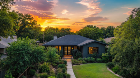 A stunning sleek grey home framed by lush greenery, showcasing an inviting view under a vibrant sunset sky. Perfect for residential design inspiration.の素材