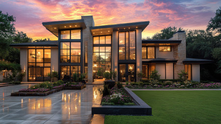 A stunning contemporary luxury home bathed in warm sunset light. The modern architecture features large windows, inviting outdoor spaces, and serene landscaping.の素材