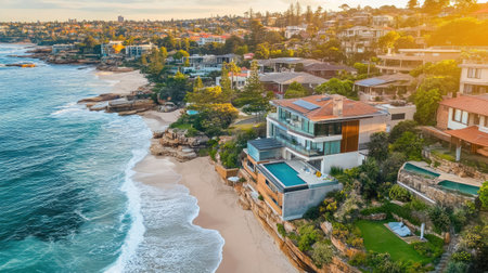 Stunning modern two-storey coastal home overlooking the beach, featuring luxurious design elements, a swimming pool, and beautiful outdoor spaces for relaxation.の素材