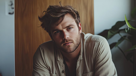 A captivating modern portrait of a young man captured in a relaxed indoor setting. The subject's expression and style convey a contemporary Australian aesthetic.の素材