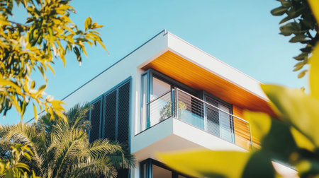 A beautifully designed modern home in Australia, featuring a sleek exterior and vibrant greenery. The image captures an inviting atmosphere with bright colors.の素材