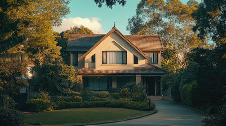 A close-up view of a charming residential house surrounded by lush greenery and trees, showcasing beautiful architecture in a tranquil setting.の素材