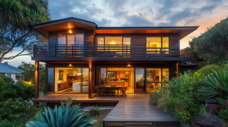 This chic two-storey house features elegant architecture and a welcoming design. Surrounded by lush greenery, it offers a peaceful retreat in nature.の素材