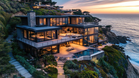 Discover a stunning modern home perched above the ocean, featuring elegant design elements, spacious terraces, and breathtaking views that embody luxury coastal living.の素材