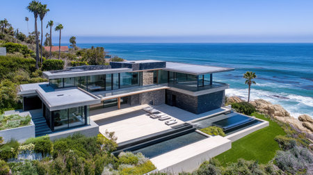 This elegant modern home features a spacious wraparound terrace and stunning ocean views, combining luxury living with serene coastal beauty. Perfect for relaxation and style.の素材