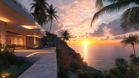 Capture the essence of a modern coastal home at sunset, featuring lush palm trees and serene ocean views. Ideal for relaxation and tranquility.の素材