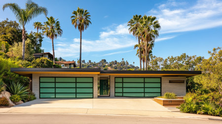 This modern two-level home showcases sleek architecture and beautiful landscaping, surrounded by palm trees and vibrant greenery, perfect for a serene lifestyle.の素材