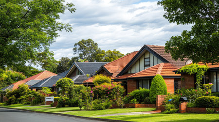 A close-up view of a charming residential house located in a suburban neighborhood, showcasing beautiful architecture and a lush garden under a cloudy sky.の素材