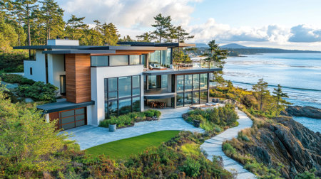 Discover a stunning modern home featuring a spacious terrace overlooking serene waters, surrounded by lush greenery and contemporary design elements, perfect for relaxation.の素材