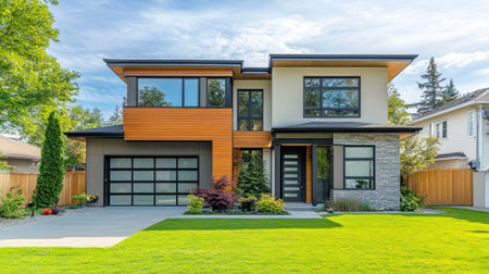 Discover this elegant modern home located in a Calgary neighborhood. Featuring stunning architecture, a spacious yard, and contemporary design elements, this property offers a perfect blend of style and comfort.の素材