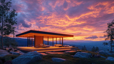 This stunning contemporary home showcases elegant design and impeccable use of space, set against a breathtaking sunset landscape, perfect for serene living.の素材