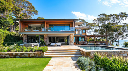 Discover an elegant two-storey house featuring a large terrace and swimming pool. Surrounded by lush greenery, this modern design offers a tranquil outdoor living space perfect for relaxation and leisure.の素材