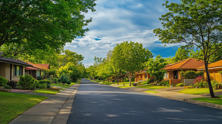 A tranquil view of a tree-lined residential street showcasing charming homes under a blue sky, perfect for illustrating peaceful suburban life and nature.の素材