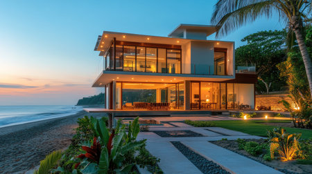 Discover a stunning modern beachside home with two elegant floors and glass features. Perfect for relaxation, this tropical retreat offers ocean views.の素材