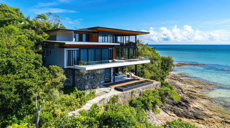 This stunning two-storey home features modern architecture and breathtaking ocean views. Surrounded by lush greenery, it offers a serene escape by the coast.の素材