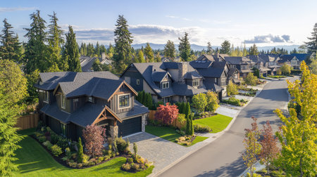 Experience a stunning aerial view of a peaceful summer neighborhood, showcasing beautiful homes, vibrant gardens, and lush greenery under clear blue skies.の素材