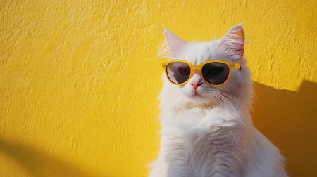 A charming fluffy white cat sporting stylish sunglasses poses against a vibrant yellow wall, radiating a playful and modern vibe in this delightful pet portrait.の素材
