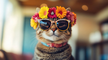 A charming tabby cat sporting vibrant floral accessories and stylish sunglasses, capturing a fun and cheerful indoor atmosphere perfect for pet lovers.の素材
