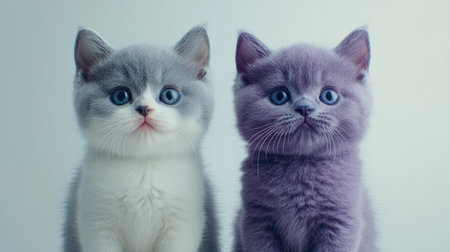 Meet two adorable British Shorthair kittens with fluffy coats and captivating blue eyes. A perfect portrait capturing their playful and charming essence.の素材