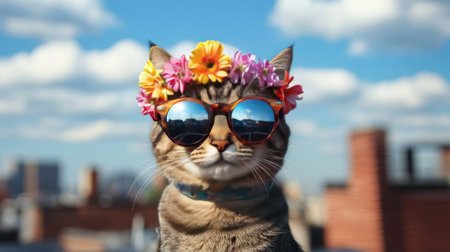A charming tabby cat wearing stylish floral sunglasses poses confidently against a vibrant sky, showcasing a playful and fashionable pet moment.の素材