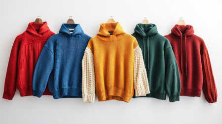 A collection of trendy and cozy knit sweaters displayed in various colors. Perfect for autumn and winter fashion, these stylish pieces offer comfort and warmth for any casual outfit.の素材