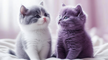 Two adorable British Shorthair kittens, one blue and one gray, sit closely with playful expressions, showcasing their charming personalities and fluffy fur.の素材