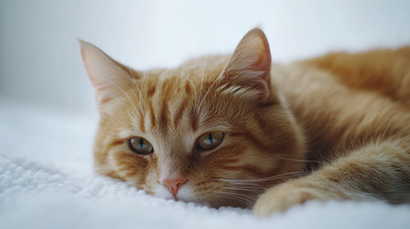 A close-up of a sad-looking orange cat reclining with its ears down. The animal exudes tranquility, laying comfortably on a soft white surface, creating a serene atmosphere.の素材