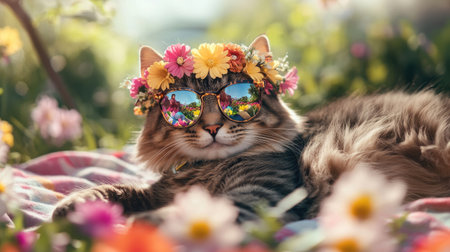 A whimsical tabby cat lounging in a vibrant garden, wearing a flower crown and stylish sunglasses. This adorable scene captures the essence of summer joy.の素材